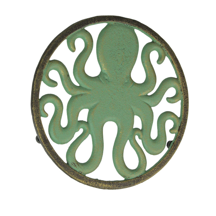 Cast Iron Octopus Trivet – Verdigris Finish, Bronze Accents, 7.75" Diameter, Heat-Resistant and Durable Kitchen Décor,