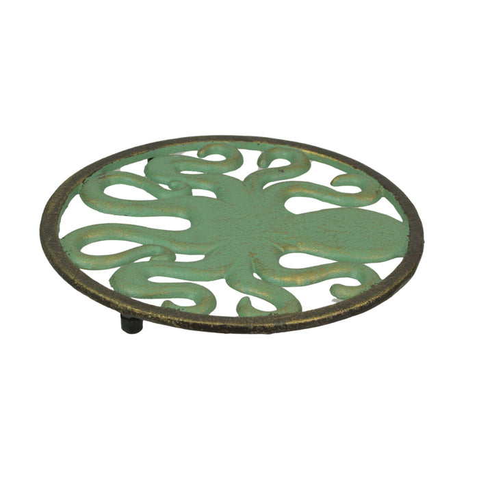 Cast Iron Octopus Trivet – Verdigris Finish, Bronze Accents, 7.75" Diameter, Heat-Resistant and Durable Kitchen Décor,