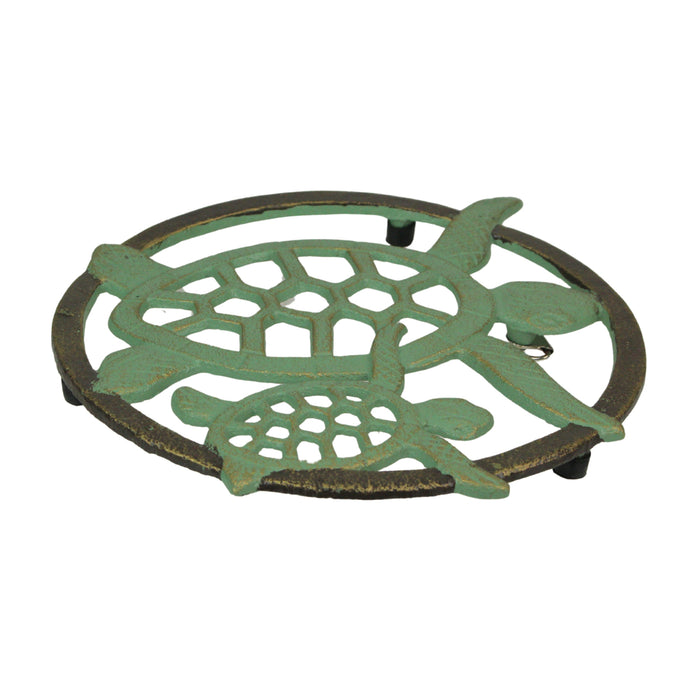 Cast Iron Sea Turtle Trivet – Verdigris Finish, Bronze Accents, 8" x 7.75", Heat-Resistant and Durable Coastal Décor, Perfect