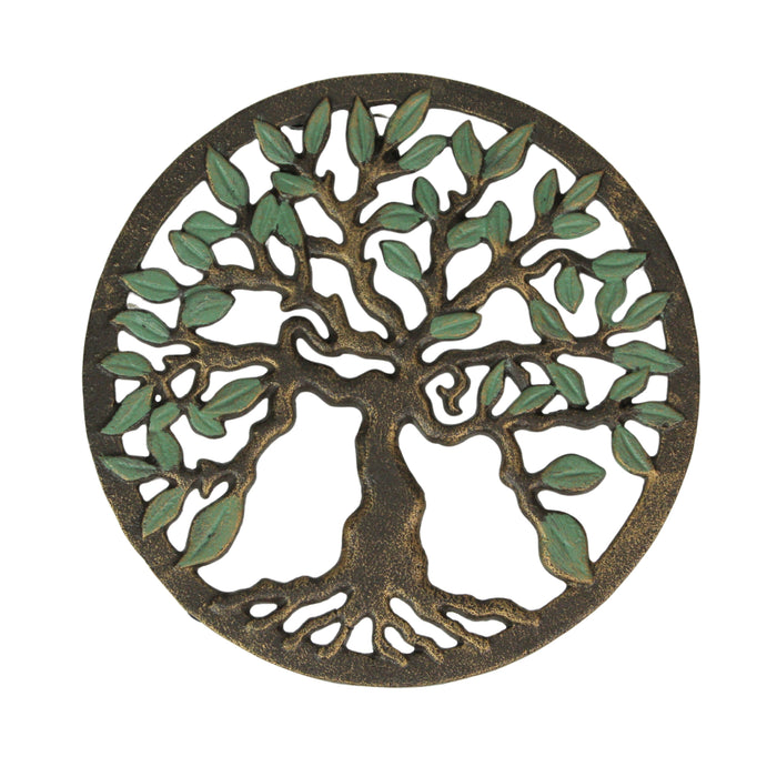 Cast Iron Tree of Life Trivet – Antique Gold Finish, 7.75" Diameter, Heat-Resistant Kitchen Accessory, Doubles as Wall