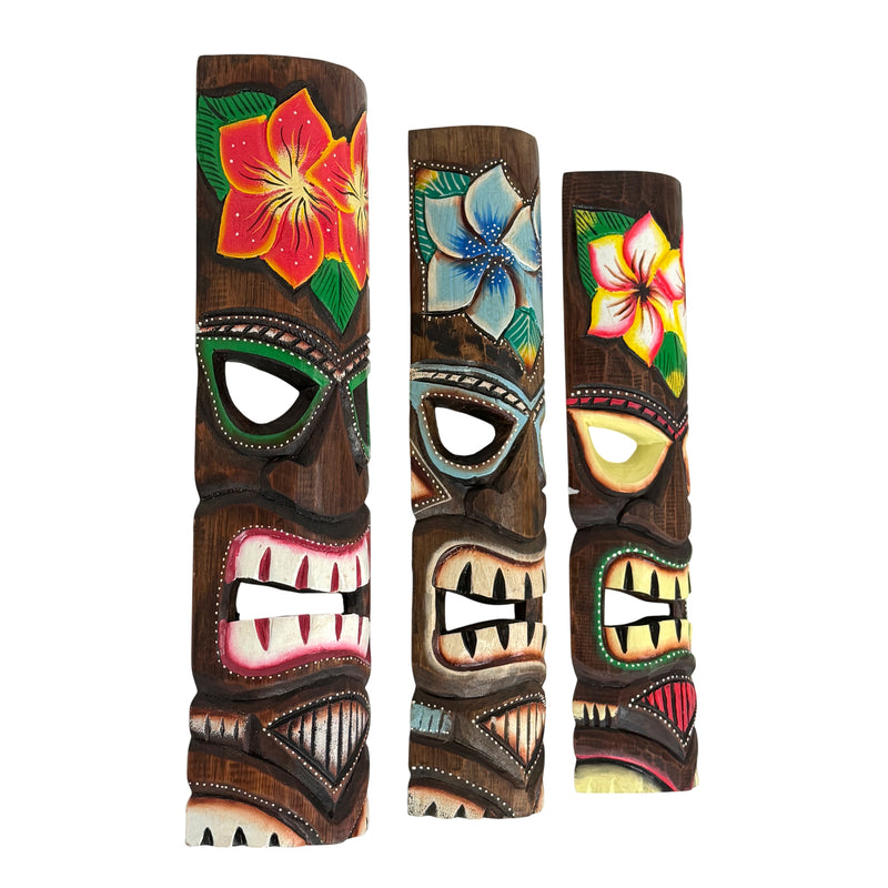 Zeckos Tropical Flower Tiki Masks, Set of 3, Hand-Carved Wood, 19 Inch Tall Image 2