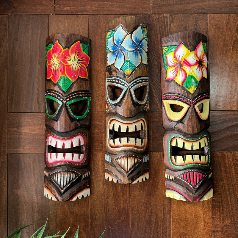 Zeckos Tropical Flower Tiki Masks, Set of 3, Hand-Carved Wood, 19 Inch Tall Image 4