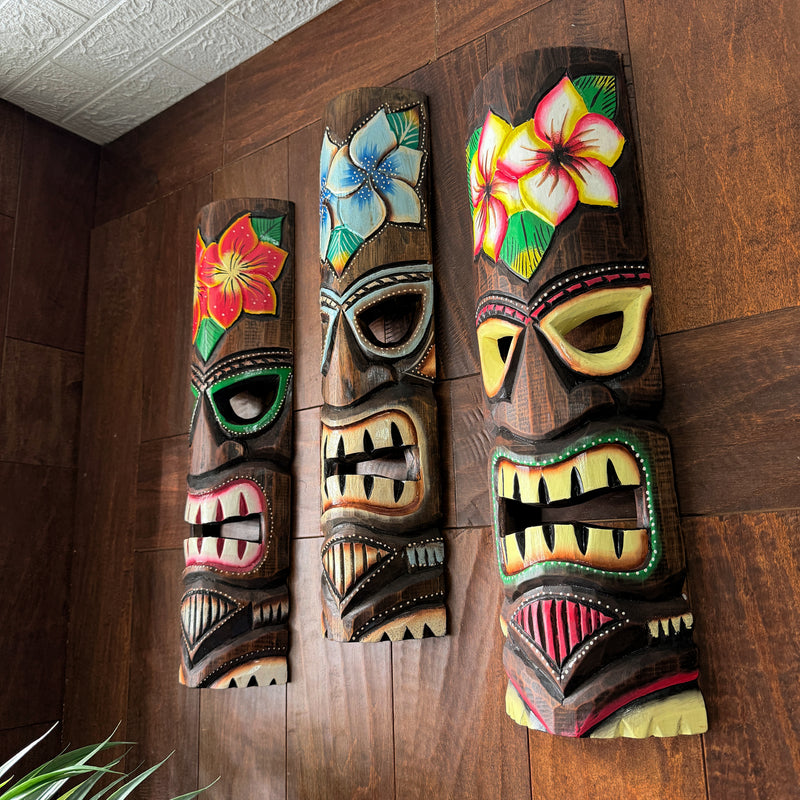Zeckos Tropical Flower Tiki Masks, Set of 3, Hand-Carved Wood, 19 Inch Tall Image 5