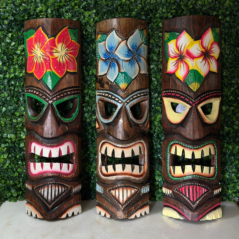Zeckos Tropical Flower Tiki Masks, Set of 3, Hand-Carved Wood, 19 Inch Tall Image 6