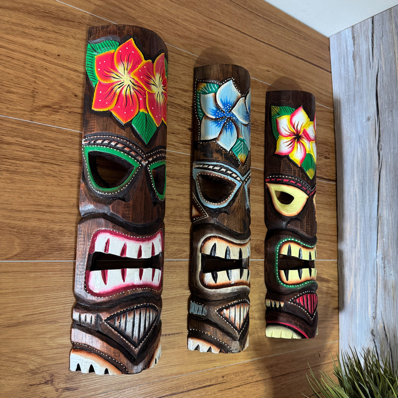 Zeckos Tropical Flower Tiki Masks, Set of 3, Hand-Carved Wood, 19 Inch Tall Image 7