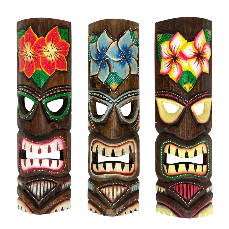 Zeckos Tropical Flower Tiki Masks, Set of 3, Hand-Carved Wood, 19 Inch Tall Image 1