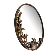 Zeckos Wall Mounted Mirror Bronze Coastal Sea Turtle Coral Seashell Metal and Glass Round Nautical Wall Decor, 20.5 Inch