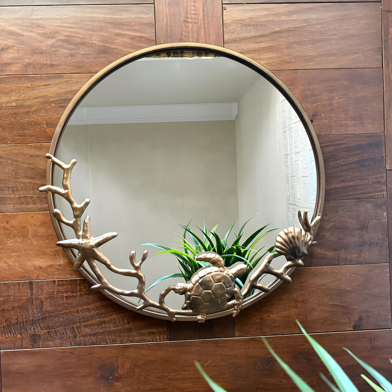 Zeckos Wall Mounted Mirror Bronze Coastal Sea Turtle Coral Seashell Metal and Glass Round Nautical Wall Decor, 20.5 Inch