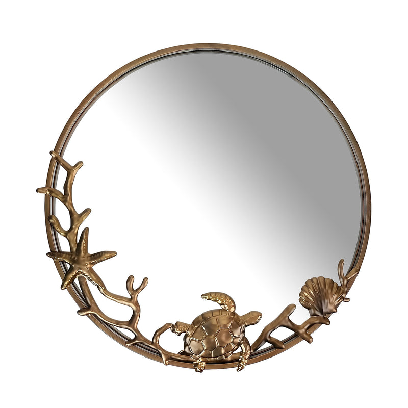 Zeckos Wall Mounted Mirror Bronze Coastal Sea Turtle Coral Seashell Metal and Glass Round Nautical Wall Decor, 20.5 Inch