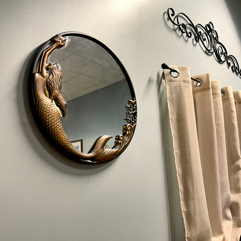 Bronze Finish Mermaid Wall-Mounted Mirror – 20-Inch Diameter Decorative Accent for Coastal and Nautical Home Decor, Elegant