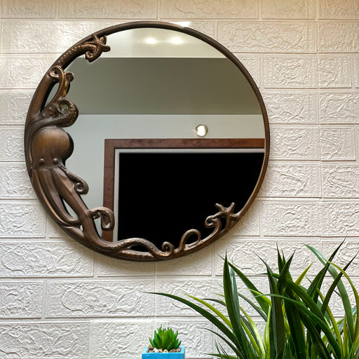 Bronze Octopus Wall-Mounted Mirror – 20-Inch Diameter Decorative Accent for Nautical and Coastal Home Decor, Unique Focal