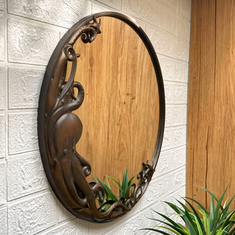 Bronze Octopus Wall-Mounted Mirror – 20-Inch Diameter Decorative Accent for Nautical and Coastal Home Decor, Unique Focal