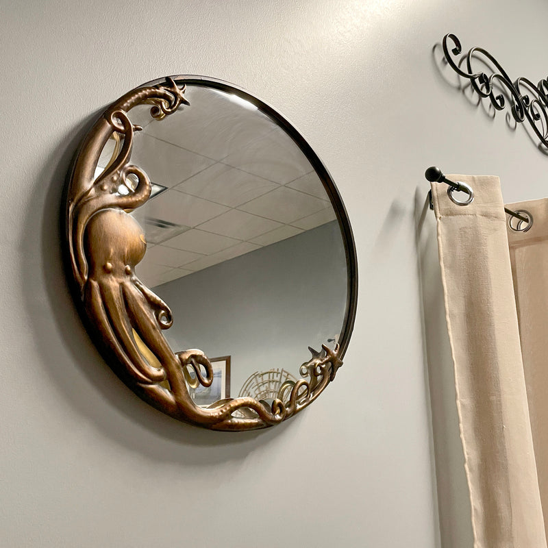 Bronze Octopus Wall-Mounted Mirror – 20-Inch Diameter Decorative Accent for Nautical and Coastal Home Decor, Unique Focal