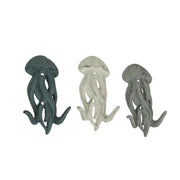 Set of 3 Jellyfish Wall Hooks, 5 Inch Blue Gray White Cast Iron Image 1
