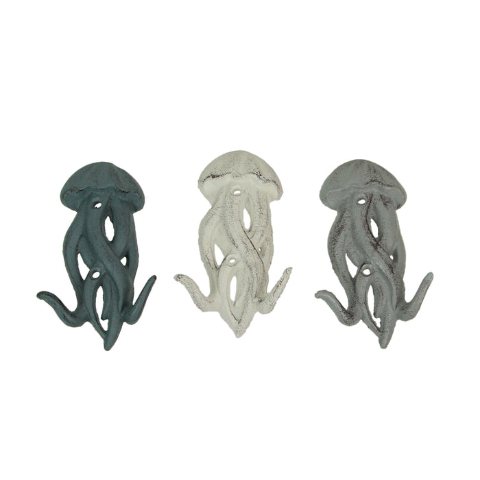 Multicolored - Image 2 - Set of 3 Cast Iron Jellyfish Wall Hooks 5 Inches High – Easy to Hang - Blue , Gray, White - Coastal