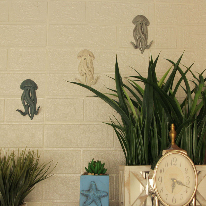 Set of 3 Jellyfish Wall Hooks, 5 Inch Blue Gray White Cast Iron Image 4