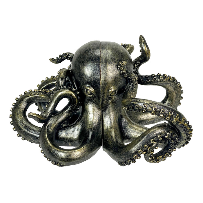 Bronze Octopus Bookends Set of 2 – Nautical Coastal Polyresin Sculptures for Bookshelves, Office, Bedroom, Library –