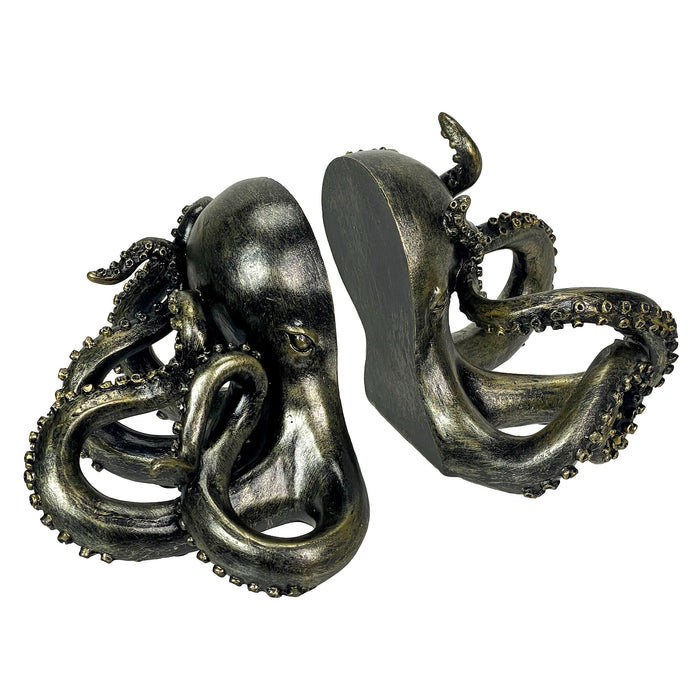 Bronze Octopus Bookends Set of 2 – Nautical Coastal Polyresin Sculptures for Bookshelves, Office, Bedroom, Library –