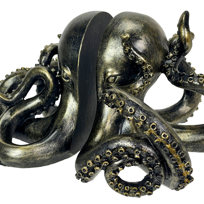 Bronze Octopus Bookends Set of 2 – Nautical Coastal Polyresin Sculptures for Bookshelves, Office, Bedroom, Library –