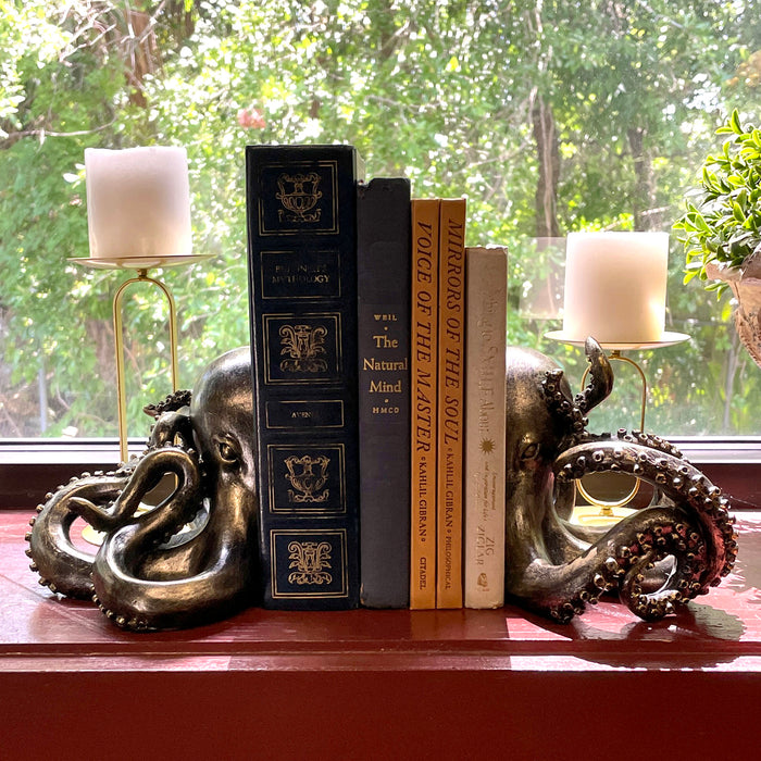 Bronze Octopus Bookends Set of 2 – Nautical Coastal Polyresin Sculptures for Bookshelves, Office, Bedroom, Library –