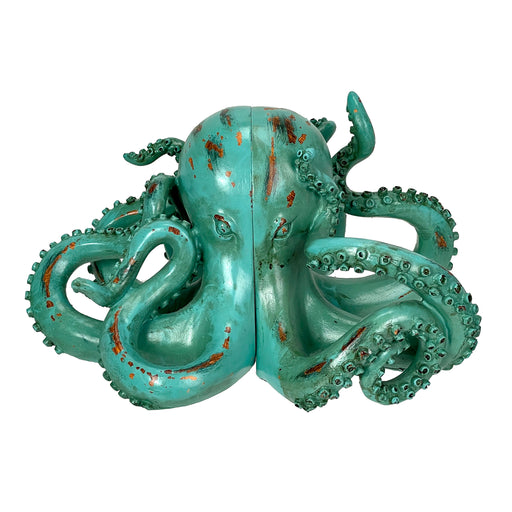 Aqua Green Octopus Bookends Set of 2 – Coastal Nautical Polyresin Wall Decor for Bookshelves, Office, Bedroom, Living Room,