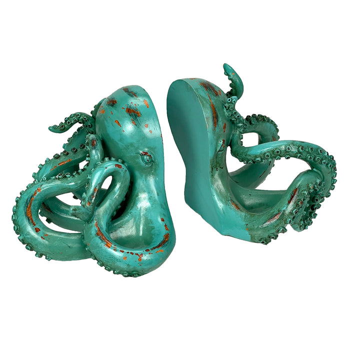 Aqua Green Octopus Bookends Set of 2 – Coastal Nautical Polyresin Wall Decor for Bookshelves, Office, Bedroom, Living Room,