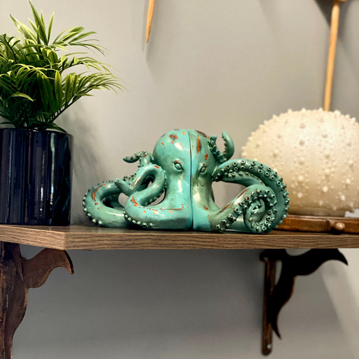 Aqua Green Octopus Bookends Set of 2 – Coastal Nautical Polyresin Wall Decor for Bookshelves, Office, Bedroom, Living Room,