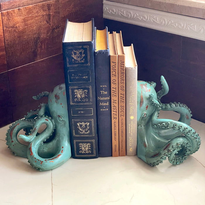 Aqua Green Octopus Bookends Set of 2 – Coastal Nautical Polyresin Wall Decor for Bookshelves, Office, Bedroom, Living Room,