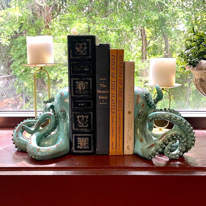 Aqua Green Octopus Bookends Set of 2 – Coastal Nautical Polyresin Wall Decor for Bookshelves, Office, Bedroom, Living Room,