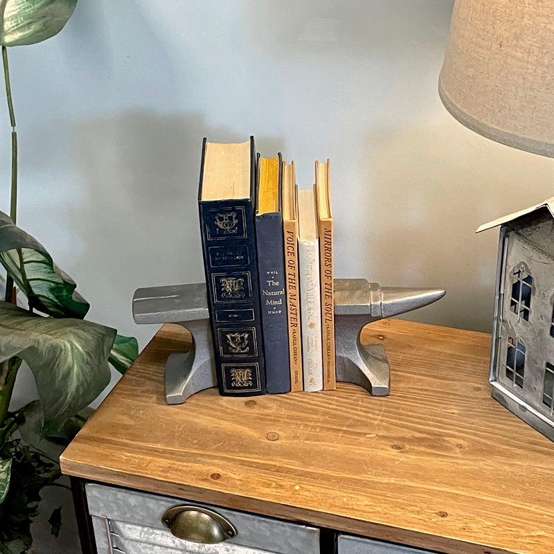 Cast Iron Anvil Bookends Set of 2 - 8" L x 4.5" H x 3.25" D - Rustic Grey Book Holders for Home or Office Décor - Industrial