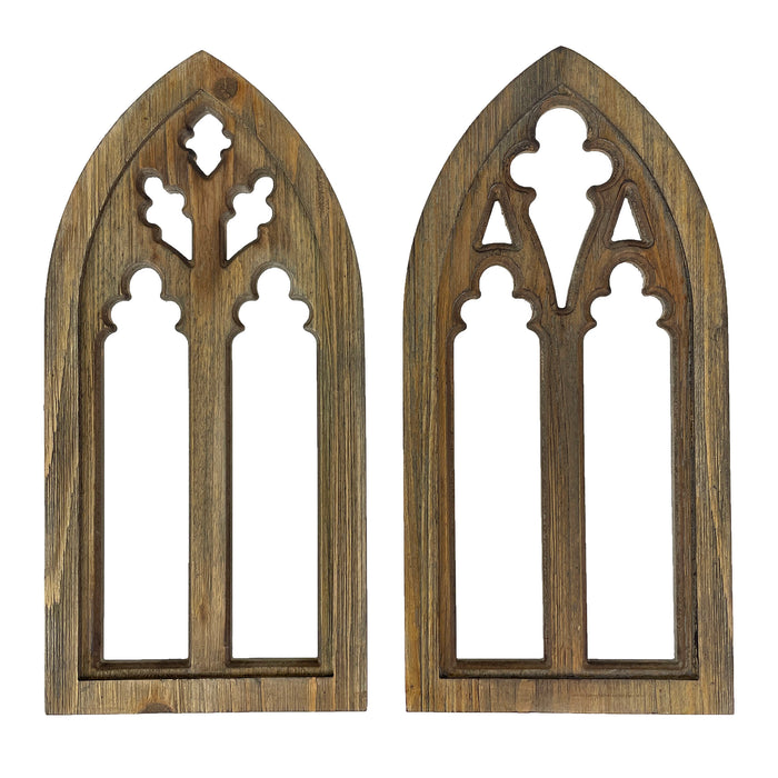 Black - Image 1 - Set of 2 Blackwashed Wood Gothic Arch Window Frame Wall Hangings - 15.75 Inch Sculptural Decor for Home,