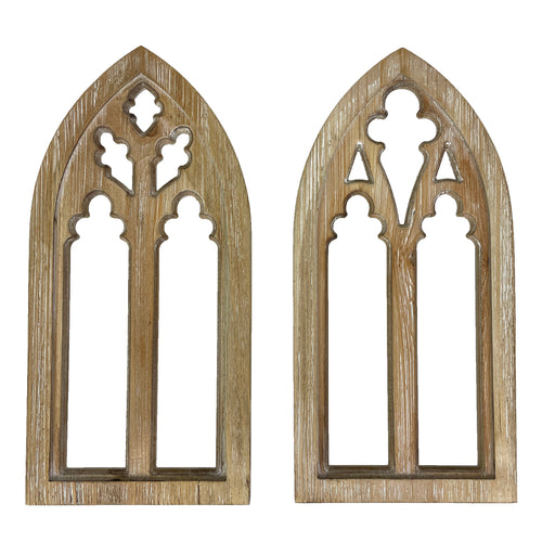 Set of 2 Gothic Arch Wall Sculptures, 16 Inch Whitewashed Wood Image 1