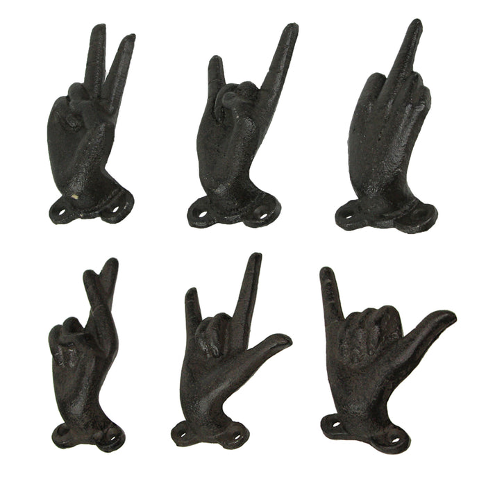 Black - Image 2 - Set of 6 Cast Iron Hand Gesture Wall Hooks - Peace Sign, Rock-On Horns, Middle Finger, ASL "I Love You,"