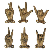 Gold - Image 1 - Set of 6 Hand Gesture Wall Hooks, Gold Distressed Cast Iron, 4 Inch