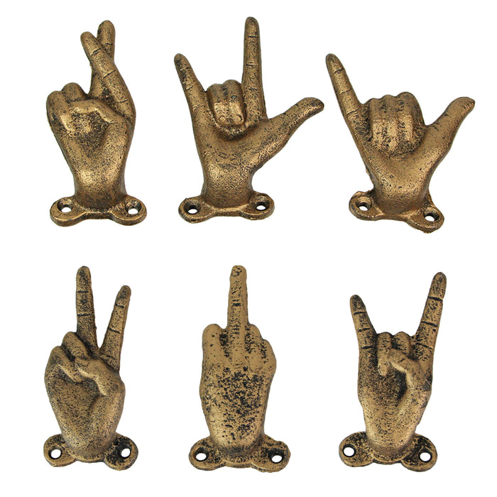 Gold - Image 1 - Set of 6 Cast Iron Hand Gesture Wall Hooks - Peace Sign, Rock-On Horns, Middle Finger, ASL "I Love You",