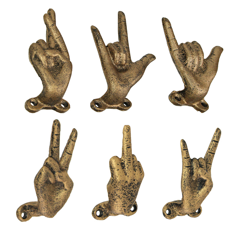 Gold - Image 2 - Set of 6 Cast Iron Hand Gesture Wall Hooks - Peace Sign, Rock-On Horns, Middle Finger, ASL "I Love You",