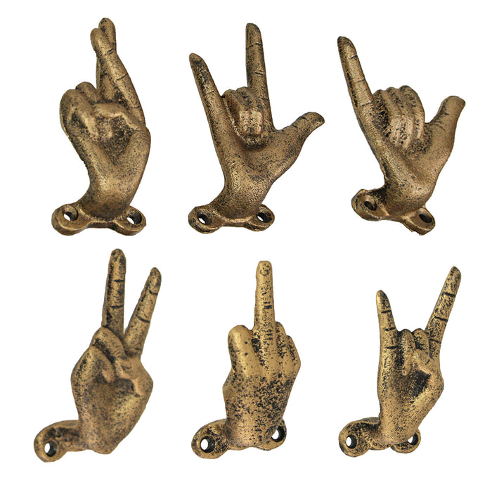 Gold - Image 2 - Set of 6 Cast Iron Hand Gesture Wall Hooks - Peace Sign, Rock-On Horns, Middle Finger, ASL "I Love You",