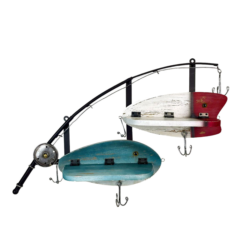 Fishing Pole Wall Shelf, 24 Inch Metal Rod with Two Wood Lure Shelves Image 1