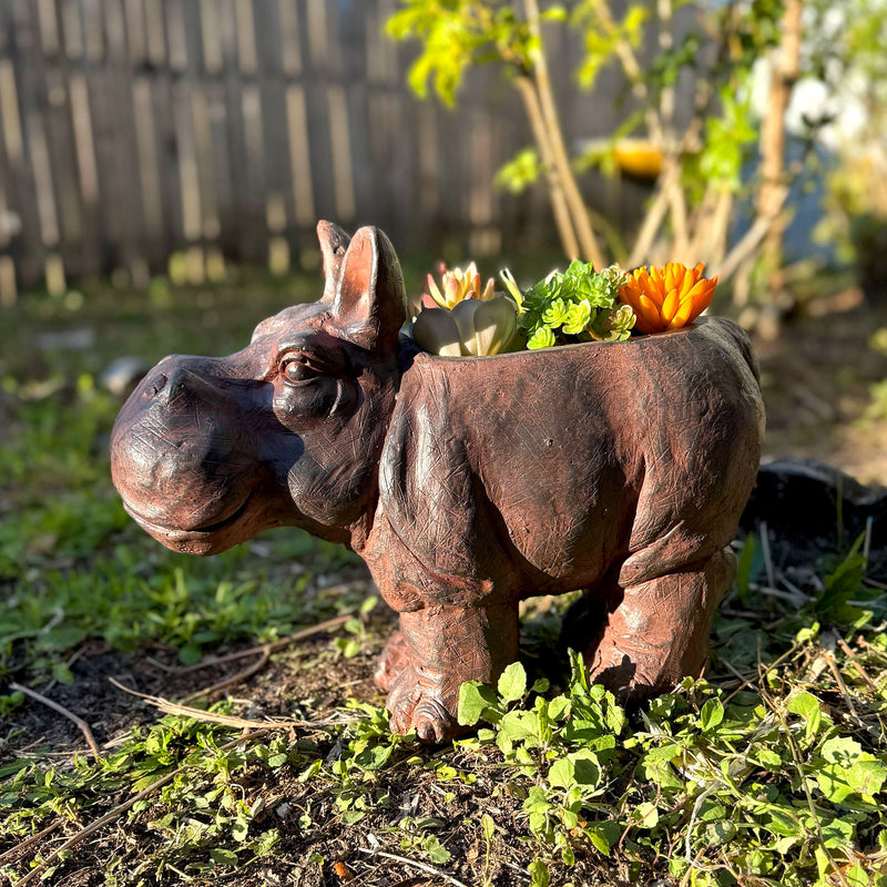 Brown - Image 5 - Charming Brown Hippo MGO Planter with Drain Hole, 17 inches - Durable Weatherproof Magnesium Oxide for