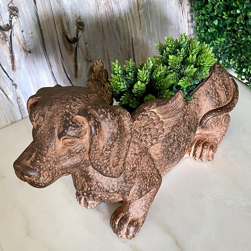 Animal Planter, 18 Inch Flying Dachshund with Distressed Brown Finish Image 11