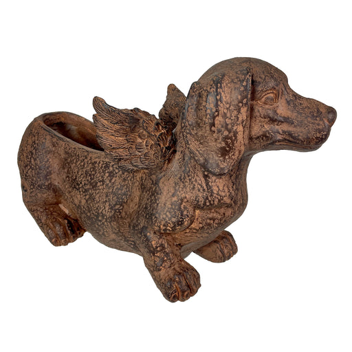 Animal Planter, 18 Inch Flying Dachshund with Distressed Brown Finish Image 1
