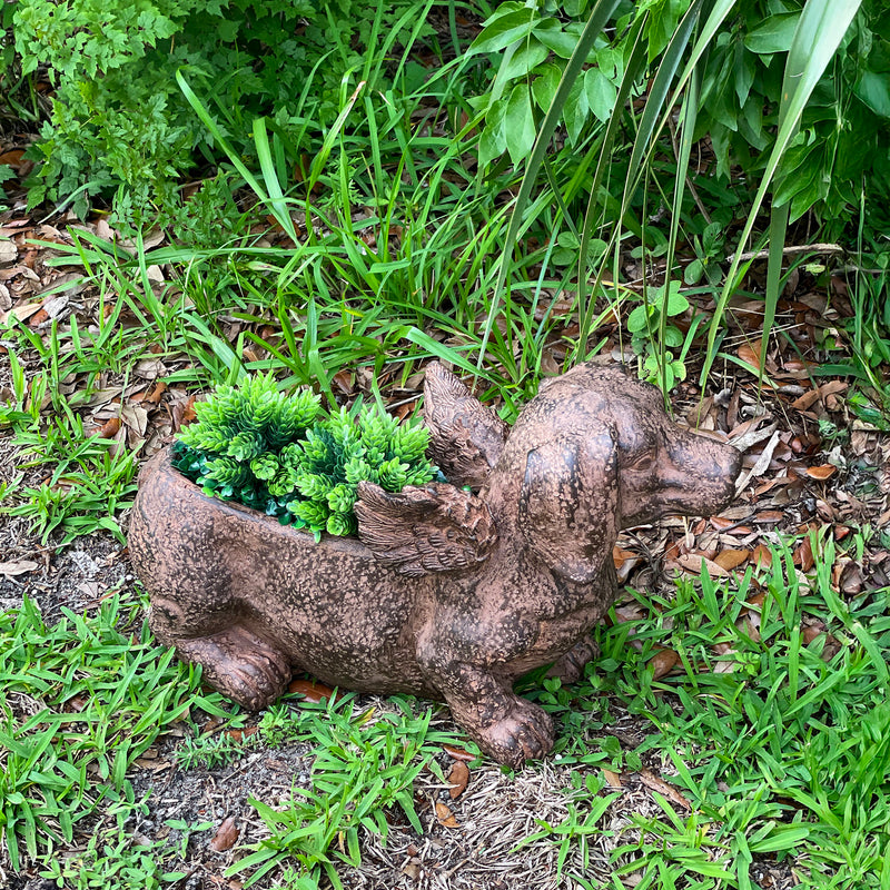 Animal Planter, 18 Inch Flying Dachshund with Distressed Brown Finish Image 7