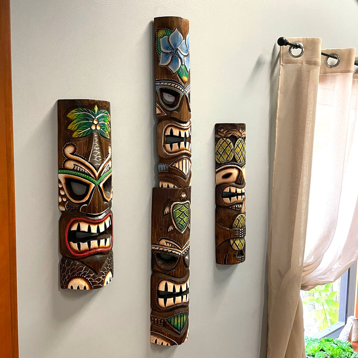 Set of 4 Hand-Carved Wooden Tiki Wall Masks, 20 Inch Tropical Decor – Palm Tree, Plumeria, Pineapple & Sea Turtle Designs,