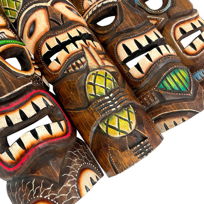 Set of 4 Hand-Carved Wooden Tiki Wall Masks, 20 Inch Tropical Decor – Palm Tree, Plumeria, Pineapple & Sea Turtle Designs,