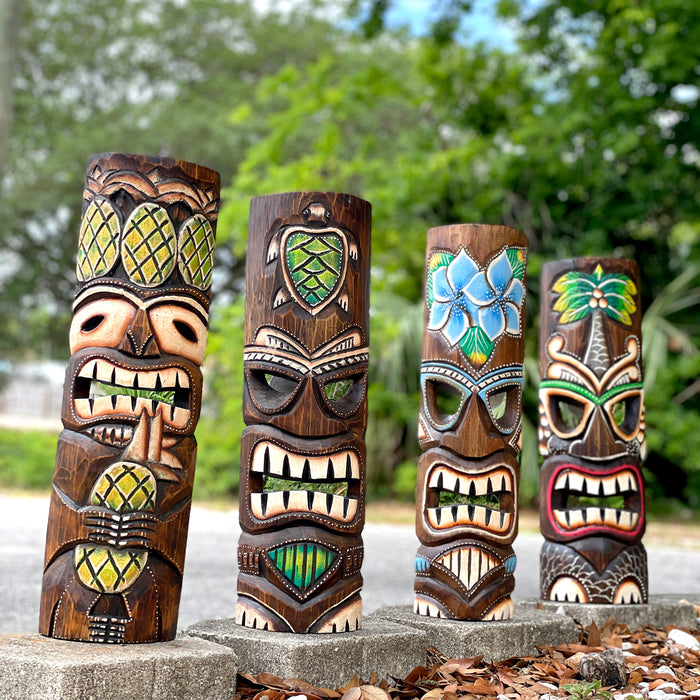 Set of 4 Hand-Carved Wooden Tiki Wall Masks, 20 Inch Tropical