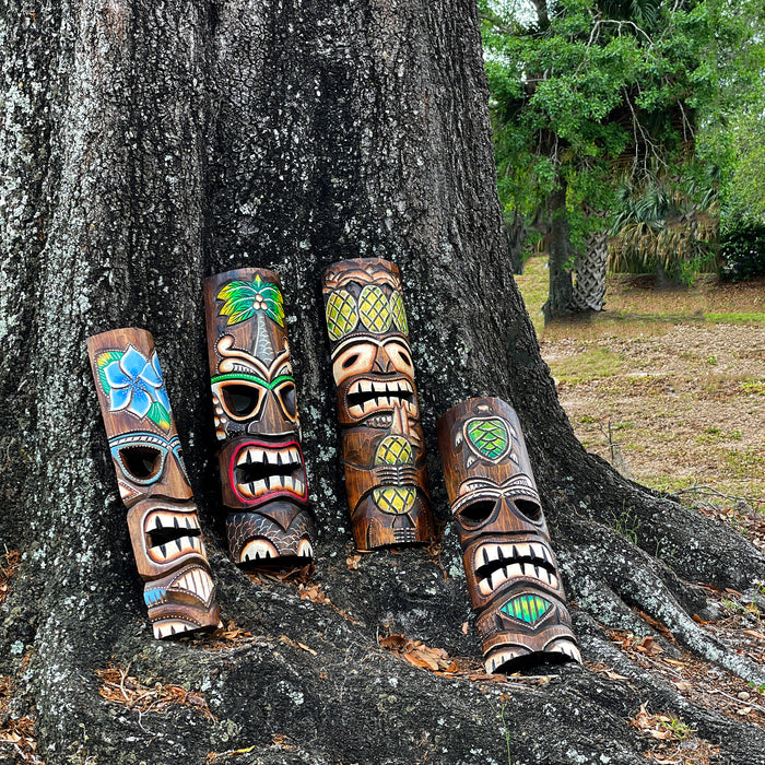 Set of 4 Hand-Carved Wooden Tiki Wall Masks, 20 Inch Tropical Decor – Palm Tree, Plumeria, Pineapple & Sea Turtle Designs,