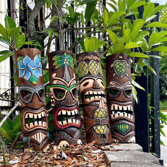 Set of 4 Hand-Carved Wooden Tiki Wall Masks, 20 Inch Tropical