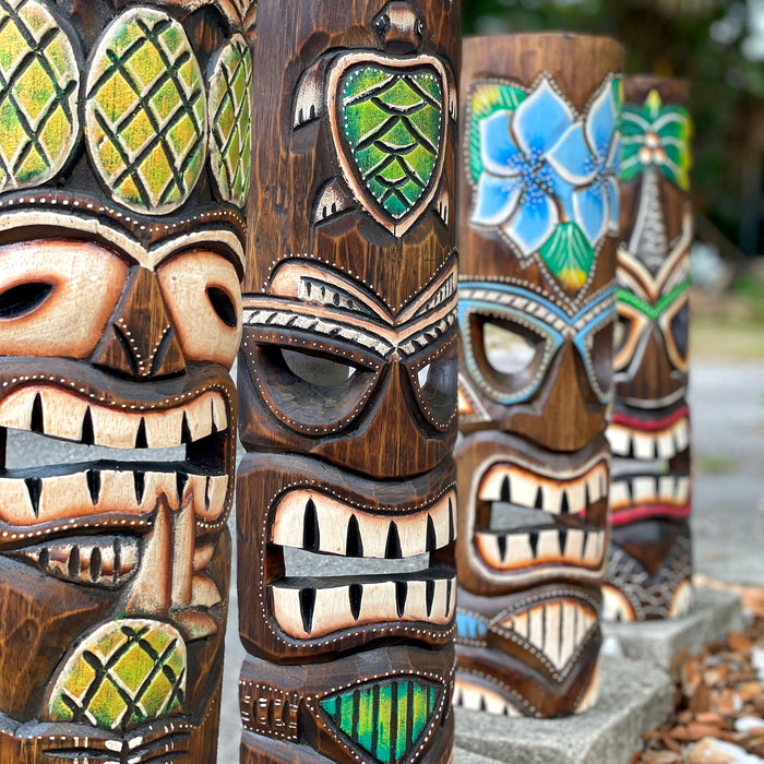 Set of 4 Hand-Carved Wooden Tiki Wall Masks, 20 Inch Tropical Decor – Palm Tree, Plumeria, Pineapple & Sea Turtle Designs,