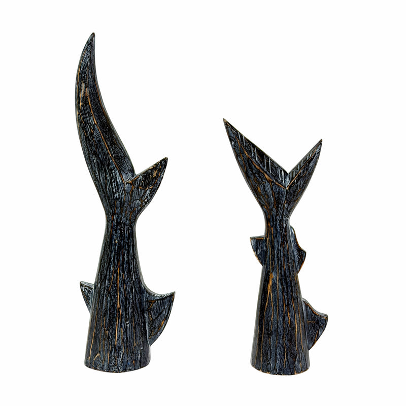 Zeckos Set of 2 Coastal Wooden Shark Tail Statues, 16 Inch Hand-Carved Wood Image 1
