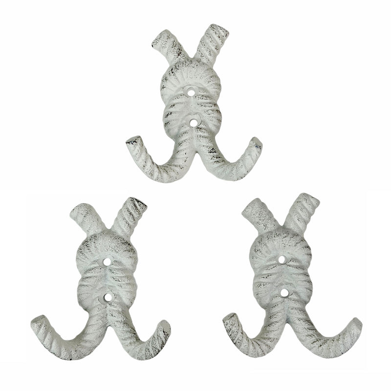 Set of 3 Rope Knot Wall Hooks, 4 Inch Antique White Cast Iron Image 1